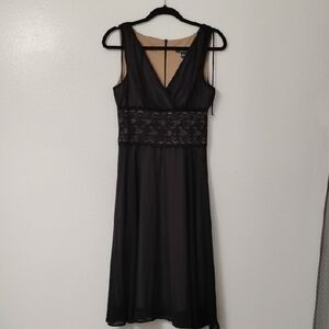 Collection B Black Sleeveless V-Neck Lace-Waist Midi Dress with Sheer Overlay